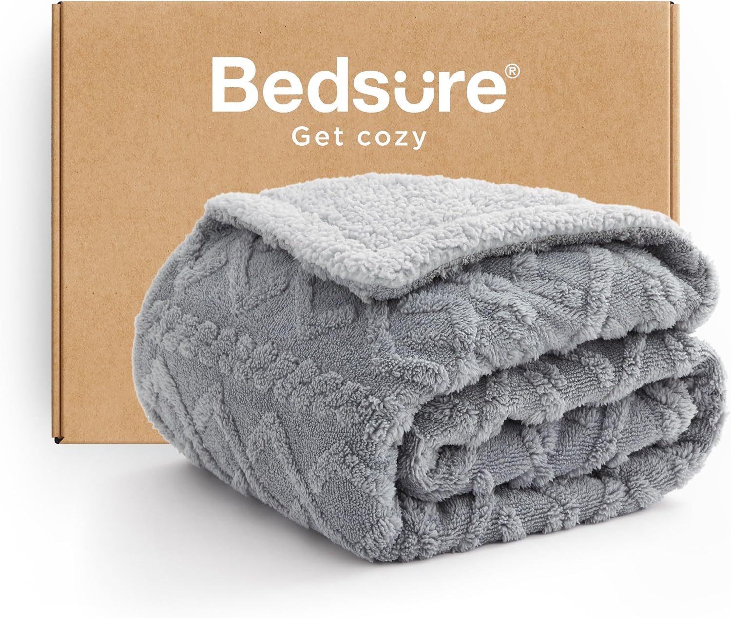 Bedsure Sherpa Fleece Throw Blanket - Super Soft, Cozy & Warm Jacquard Sofa Throw, Ideal for Bed & Couch, Single, Grey, 130x150cm