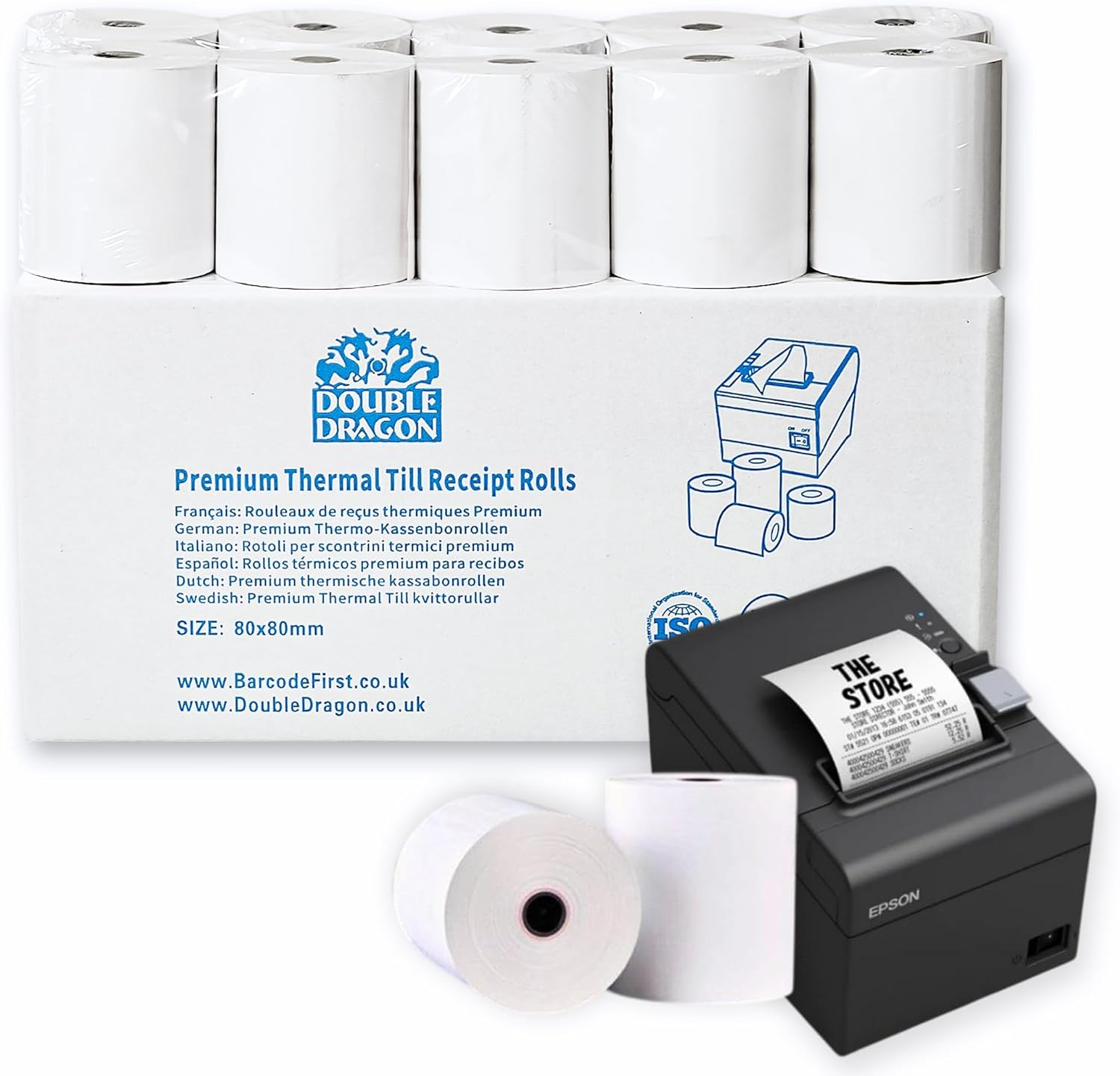 Double Dragon, 80 x 80 mm Premium Thermal Paper Till Receipt Roll for EPOS Printer, POS Terminal, Cash Register [Pack of 20]