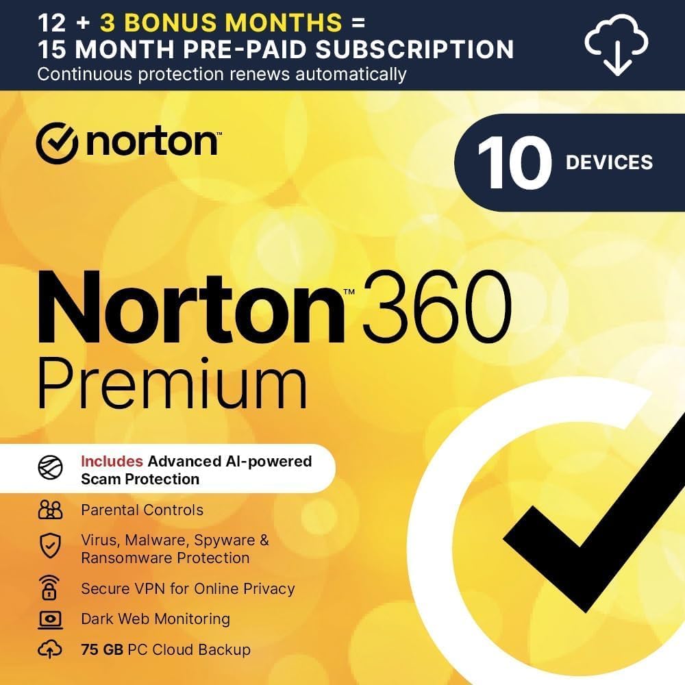 Norton 360 Premium 2025, Antivirus Software for 10 Devices and ‎15 Month Subscription ‎with ‎Automatic Renewal, Includes Secure VPN and Password Manager, PC/Mac/iOS/Android, Activation Code ‎by email