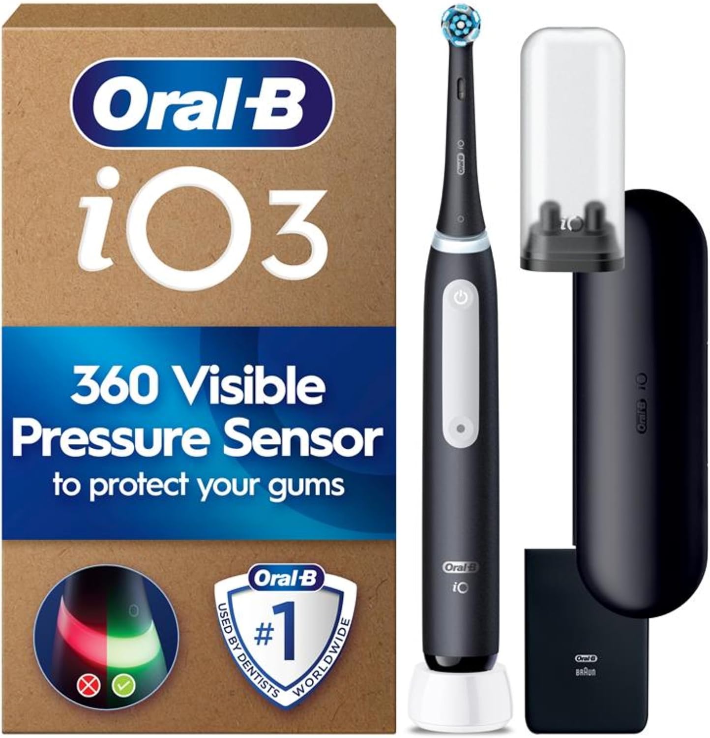 Oral-B iO 3 Matt Black Ultimate Clean Electric Toothbrush, 1 Refill Holder, 1 Charger Pouch, 1 Travel Case, Designed by Braun, Packaging May Vary