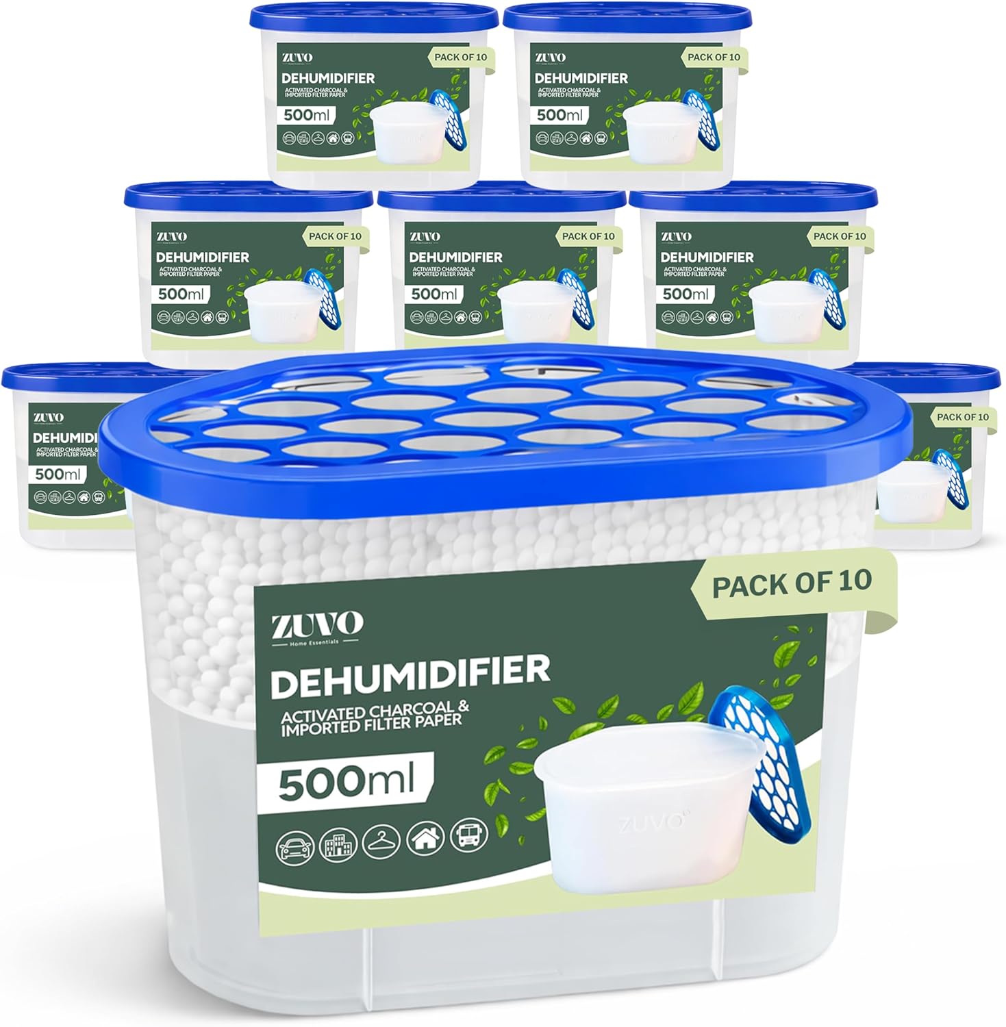 Zuvo Dehumidifier 500ml Pack of 10 | Disposable Moisture Absorber & Damp Trap for Home | Condensation Absorber for Wardrobe, Bathroom, Bedroom | Interior Dehumidifiers — No Electricity Needed